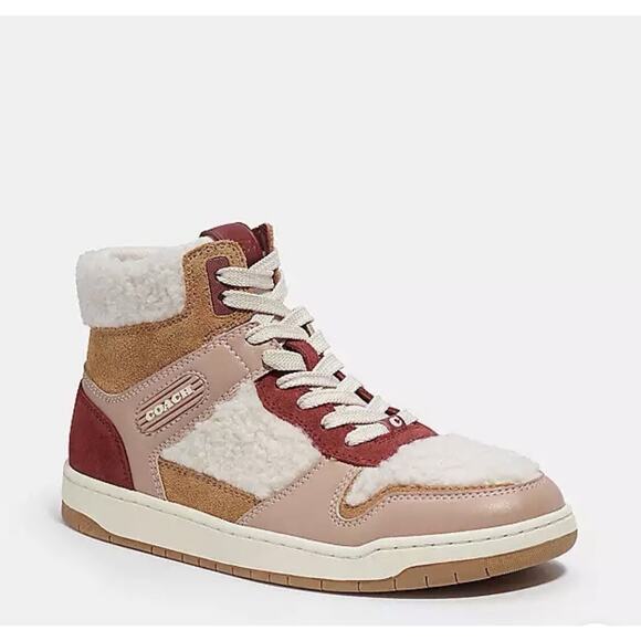 Coach CE872 Hi Top Sherpa Sneakers Cherry Light Camel Suede Women’s 10B NIB - Picture 1 of 8